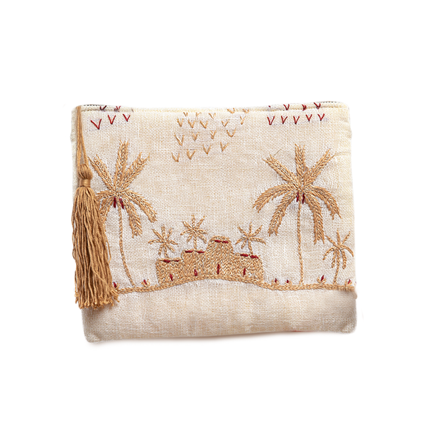 Embroidered linen makeup wallet - God. محفظة مكياج من الكتان المطرز ذهبي