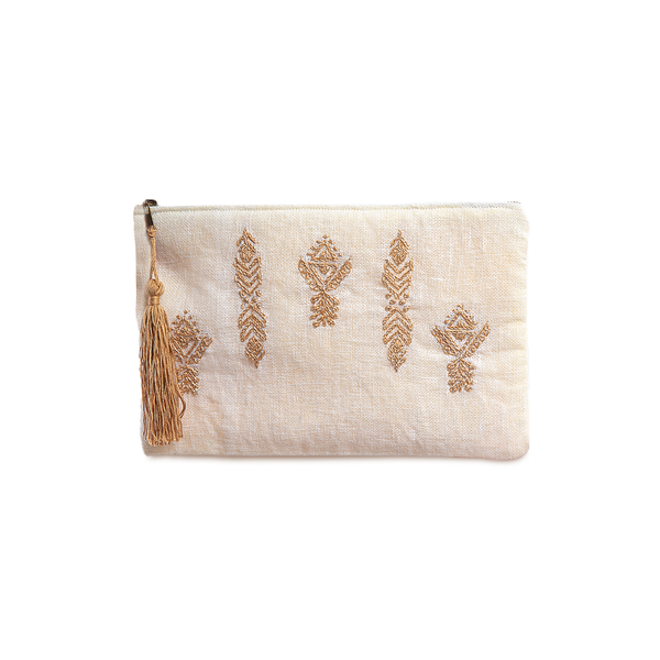 Embroidered linen makeup wallet - God. محفظة مكياج من الكتان المطرز ذهبي