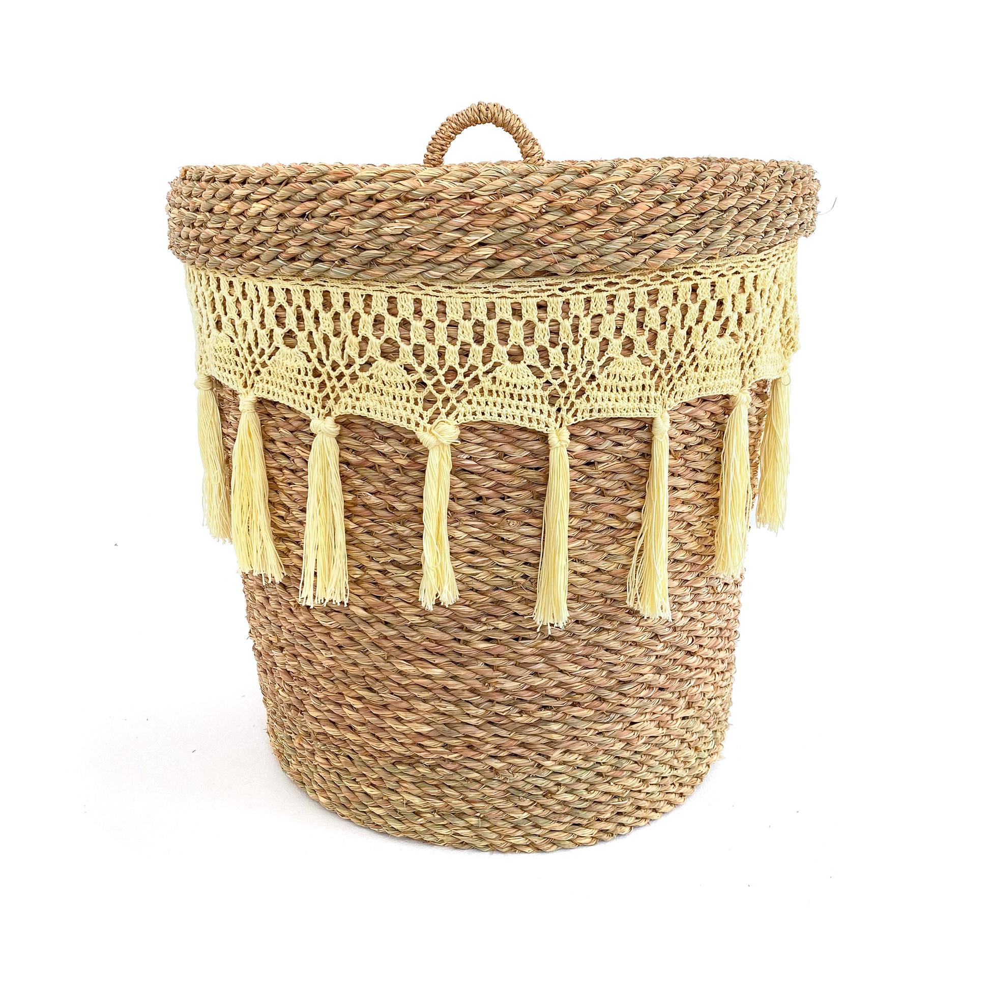 Halfa laundry basket with lid, crocheted. سلة حلفا للغسيل بغطاء مع كروشيه