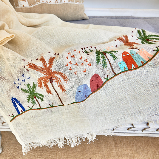 Rustic colors embroidered Linen Shawl L451 شال كتان مطرز الوان ريفي