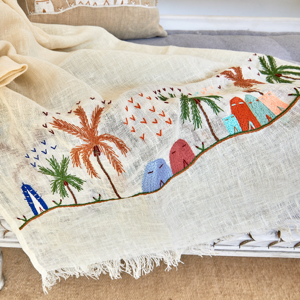 Rustic colors embroidered Linen Shawl L451 شال كتان مطرز الوان ريفي