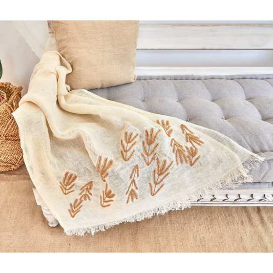 Rustic Gold Embroidered Linen Shawl L463 شال كتان مطرز ذهبي ريفي
