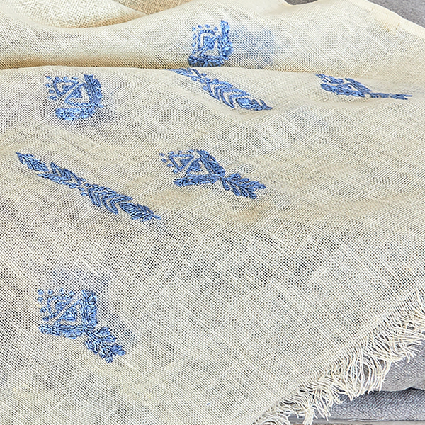 Geometric blue Embroidered Linen Shawl L483 شال كتان مطرز ازرق هندسي
