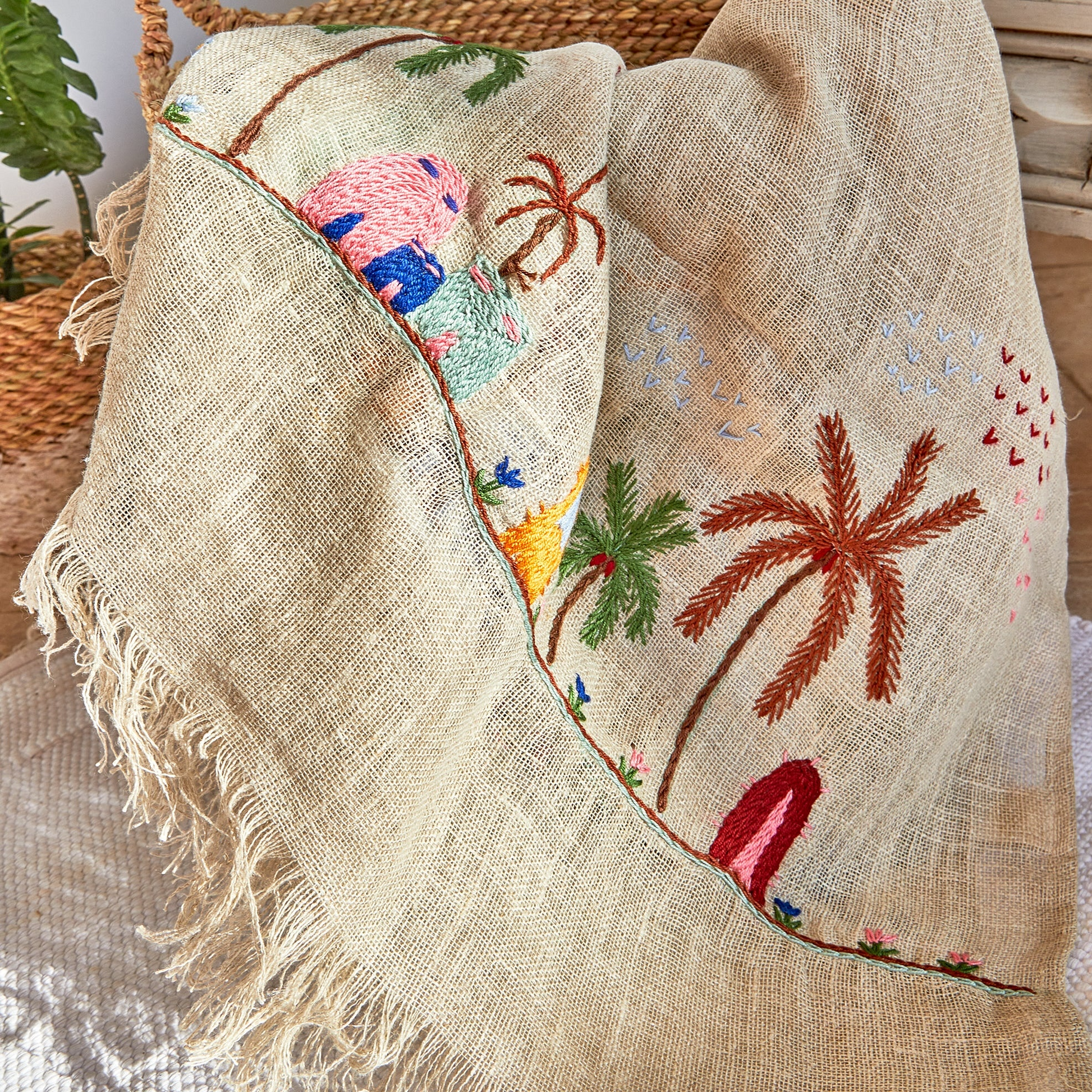 Rustic colors embroidered Linen Shawl L451 شال كتان مطرز الوان ريفي