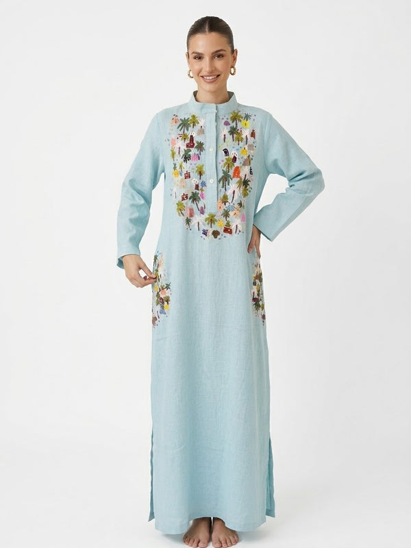 قفطان كتان بدارة مطرز  Linen Jalabiya Baddara  embroidered