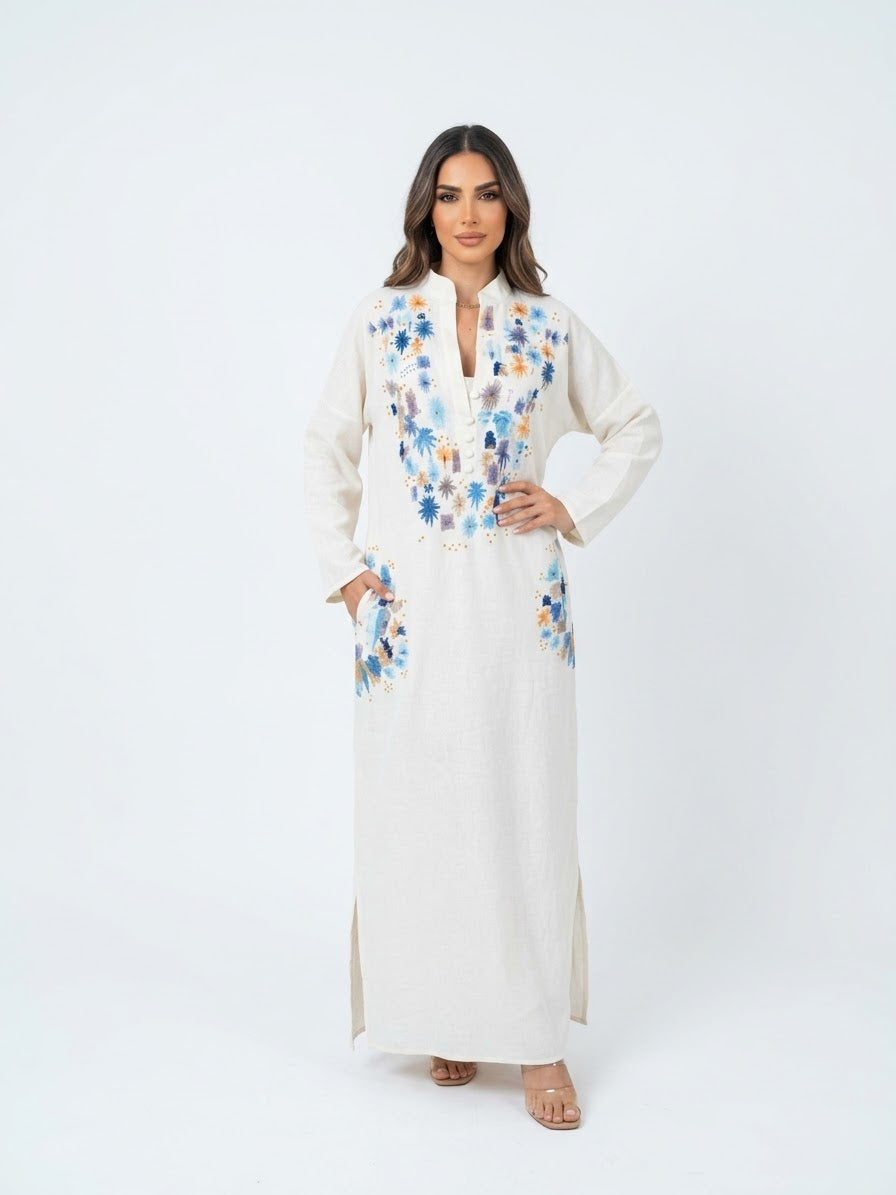 قفطان كتان بدارة مطرز  Linen Jalabiya Baddara  embroidered