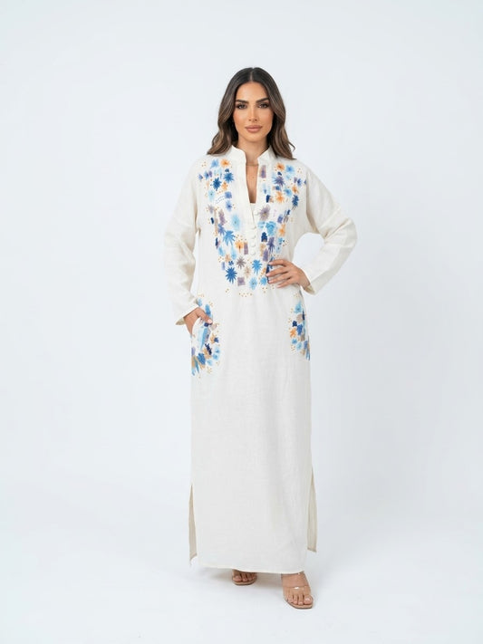 قفطان كتان بدارة مطرز  Linen Jalabiya Baddara  embroidered