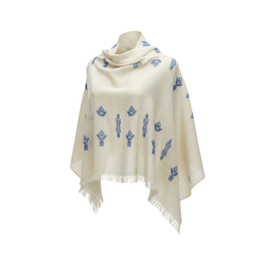 Geometric blue Embroidered Linen Shawl L483 شال كتان مطرز ازرق هندسي