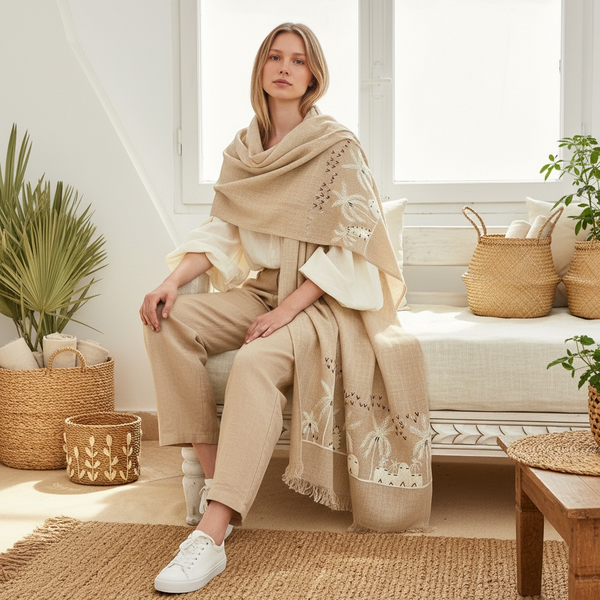 Rustic White Embroidered Linen Shawl L464 شال كتان مطرز ابيض ريفي