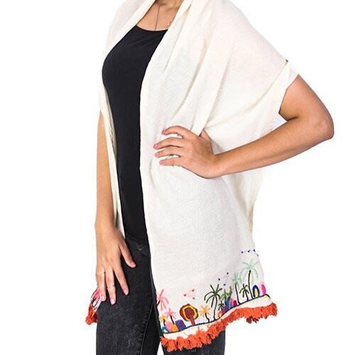 Rustic embroidered white cotton voile shawl. شال فوال قطن ابيض مطرز ريفي