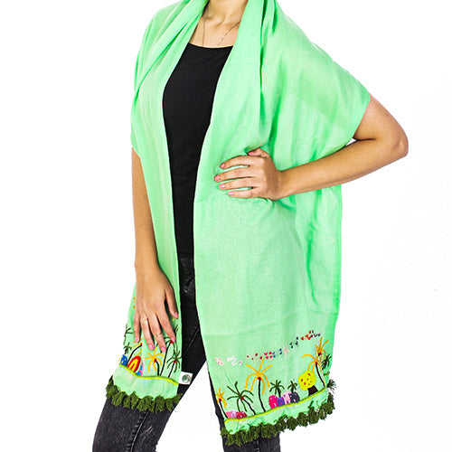 Rustic embroidered white cotton voile shawl. شال فوال قطن ابيض مطرز ريفي