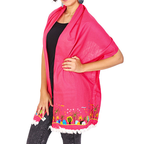 Rustic embroidered white cotton voile shawl. شال فوال قطن ابيض مطرز ريفي