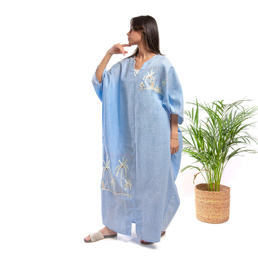 Embroidered Linen Jalabiya JL361. جلابية كتان مطرز