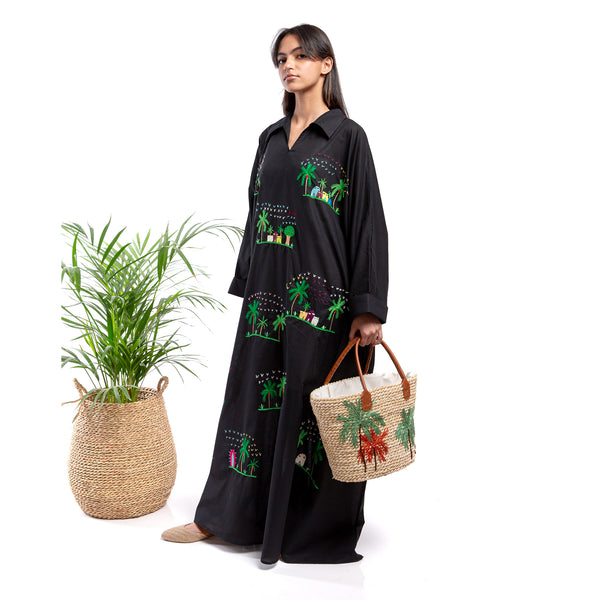 Embroidered Linen Jalabiya JL364 . جلابية كتان مطرز