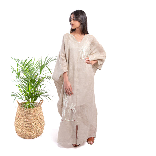 Embroidered Linen Jalabiya JL305. جلابية كتان مطرز
