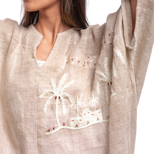 Embroidered Linen Jalabiya JL305. جلابية كتان مطرز