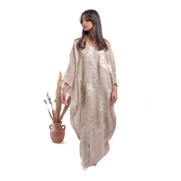 Embroidered linen Jalabiya JL306. جلابية كتان مطرز