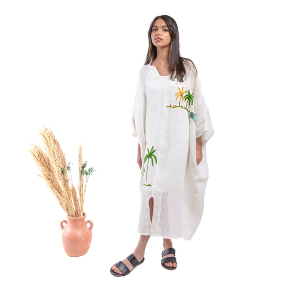 Embroidered linen Jalabiya JL304. جلابية كتان مطرز