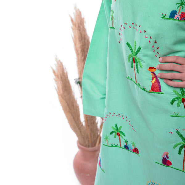 Embroidered Linen Jalabiya JL367 . جلابية كتان مطرز