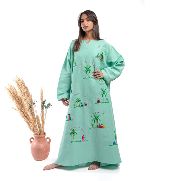Embroidered Linen Jalabiya JL367 . جلابية كتان مطرز
