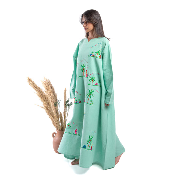 Embroidered Linen Jalabiya JL367 . جلابية كتان مطرز