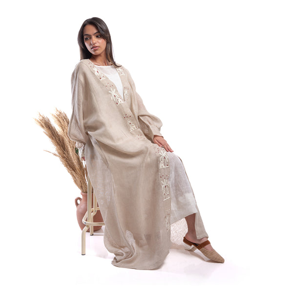 Embroidered linen Jalabiya JL004. قفطان كتان مطرز
