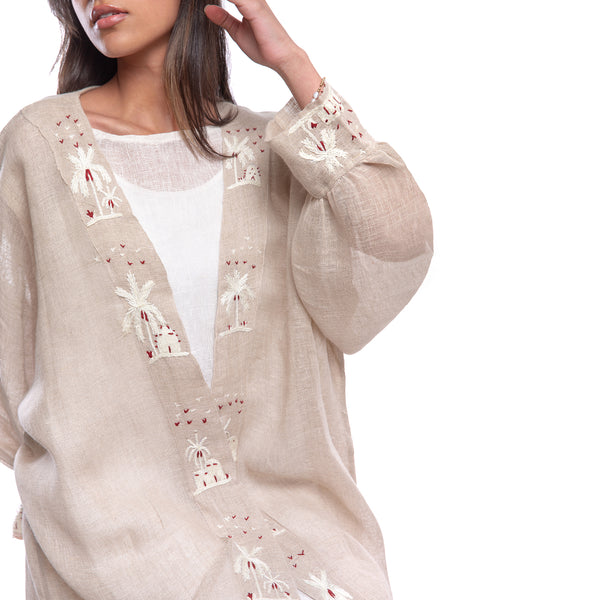 Embroidered linen Jalabiya JL004. قفطان كتان مطرز