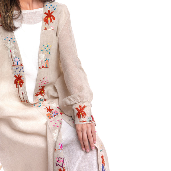 Embroidered linen Jalabiya JL005. قفطان كتان مطرز