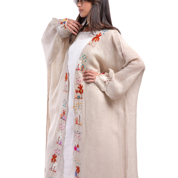 Embroidered linen Jalabiya JL005. قفطان كتان مطرز