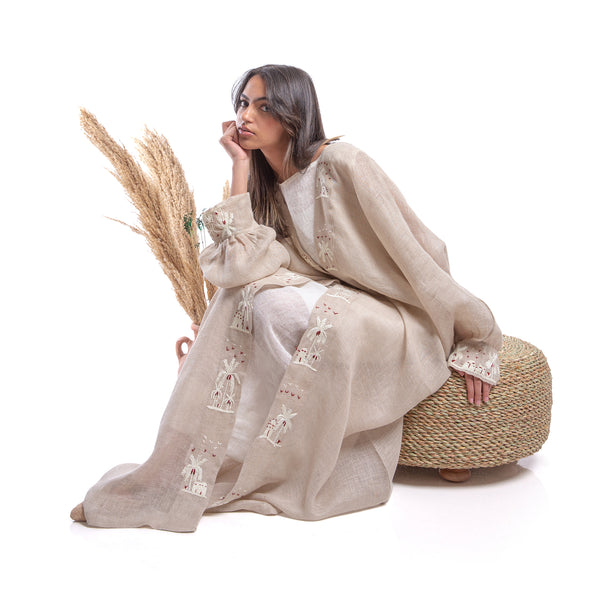 Embroidered linen Jalabiya JL004. قفطان كتان مطرز