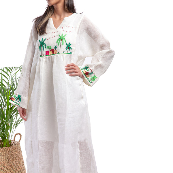 Embroidered linen Jalabiya JL302. جلابية كتان مطرز