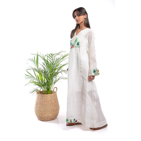Embroidered linen Jalabiya JL302. جلابية كتان مطرز