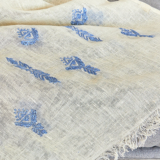 Geometric blue Embroidered Linen Shawl L483 شال كتان مطرز ازرق هندسي
