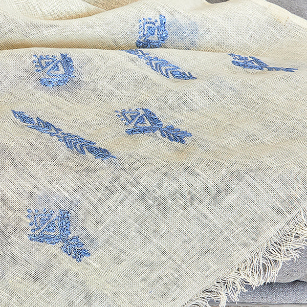 Geometric blue Embroidered Linen Shawl L483 شال كتان مطرز ازرق هندسي