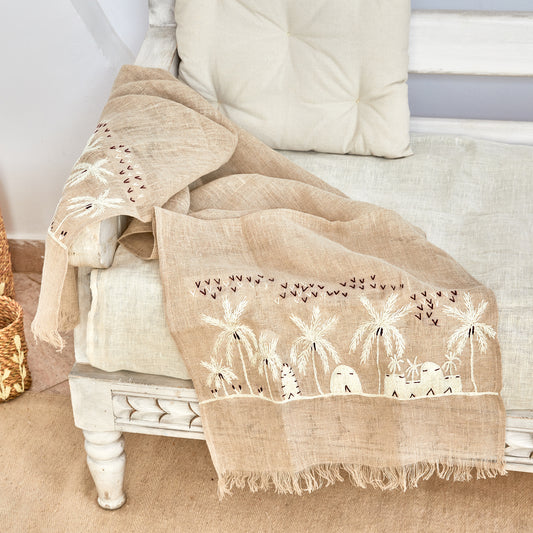 Rustic White Embroidered Linen Shawl L464 شال كتان مطرز ابيض ريفي