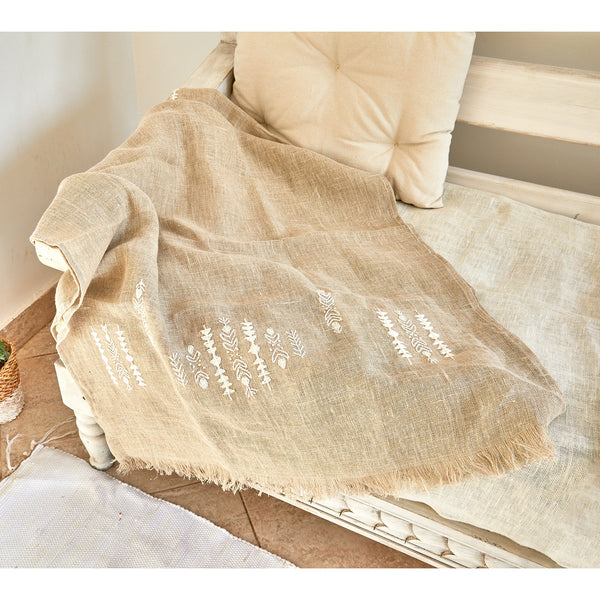 Geometric White Embroidered Linen Shawl L482 شال كتان مطرز ابيض هندسي